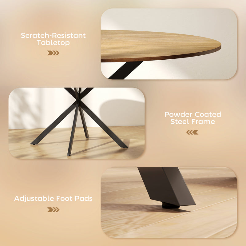 4 Seat Round Dining Table Industrial Style with Wood Effect Top and Black Steel Frame for Kitchen