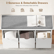 Shoe Storage Bench with Padded Seat and Three Drawers for Hallway Entryway White