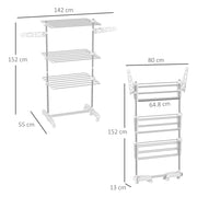 3 Tier Foldable Clothes Airer With Wheels Stainless Steel Drying Rack For Indoor Use, White