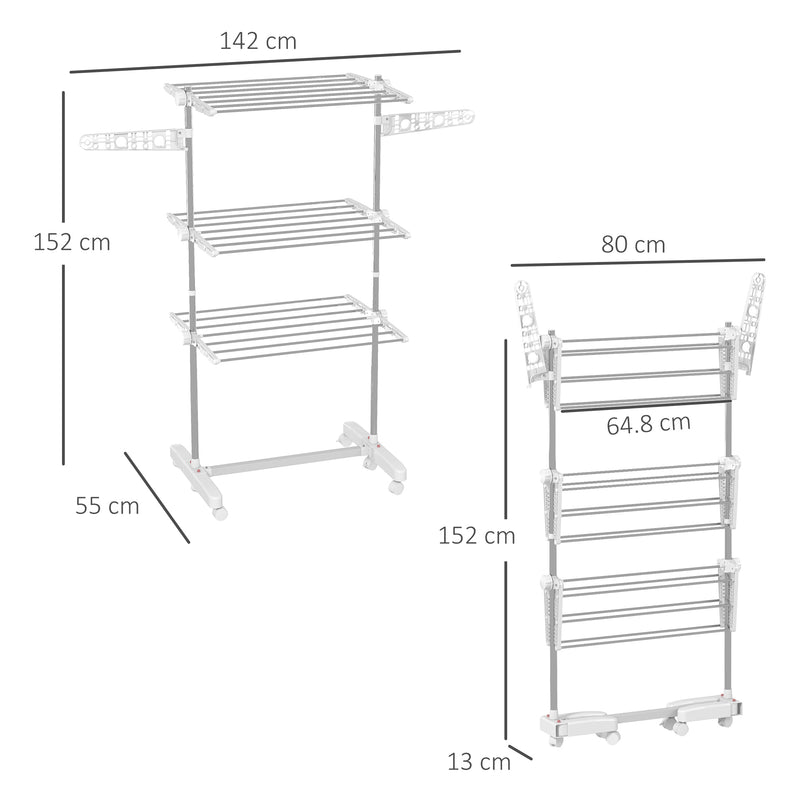 3 Tier Foldable Clothes Airer With Wheels Stainless Steel Drying Rack For Indoor Use, White