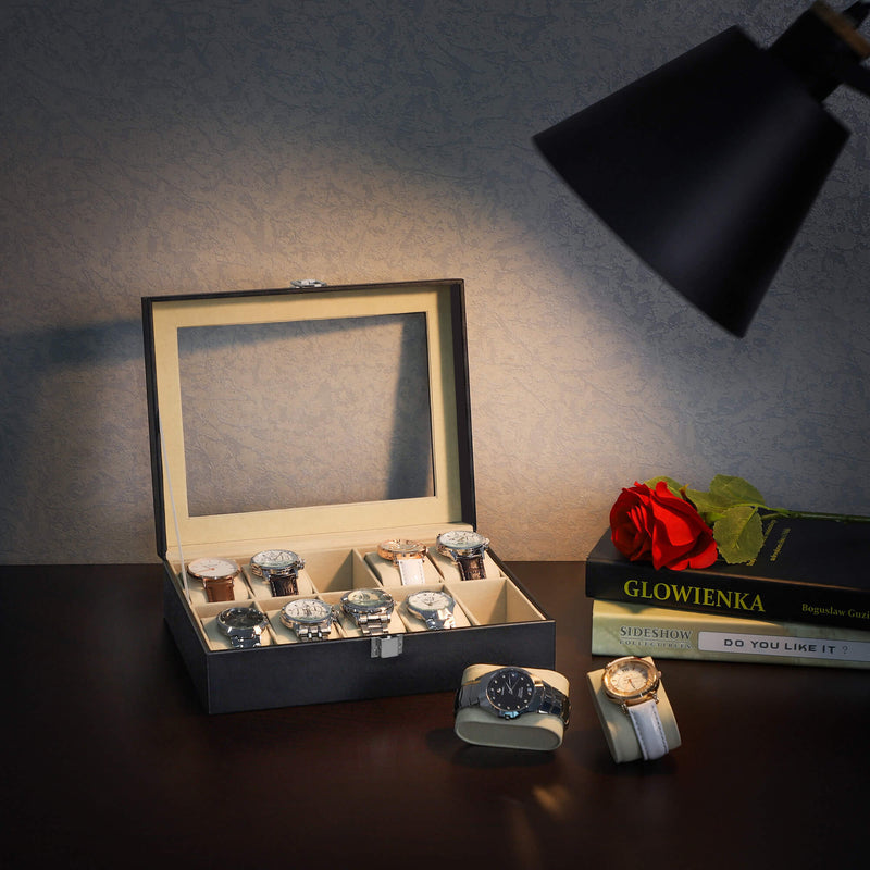 10 Slot Watch Box Organizer with Glass Lid and Soft Velvet Lining by Songmics