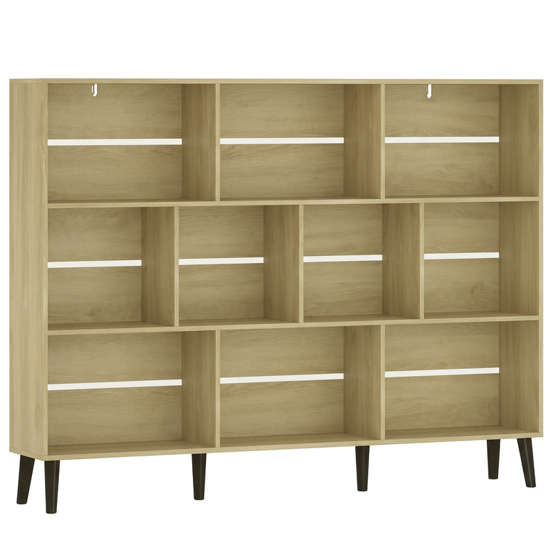 Oak 10-cube bookcase with solid pine legs, studio view