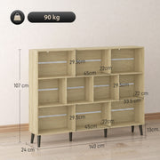 Oak 10-cube bookcase dimensions diagram showing 140 x 24 x 107 cm and compartment sizes