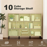 Oak 10-cube storage shelf illustration showing books, photo frames, baskets and plants