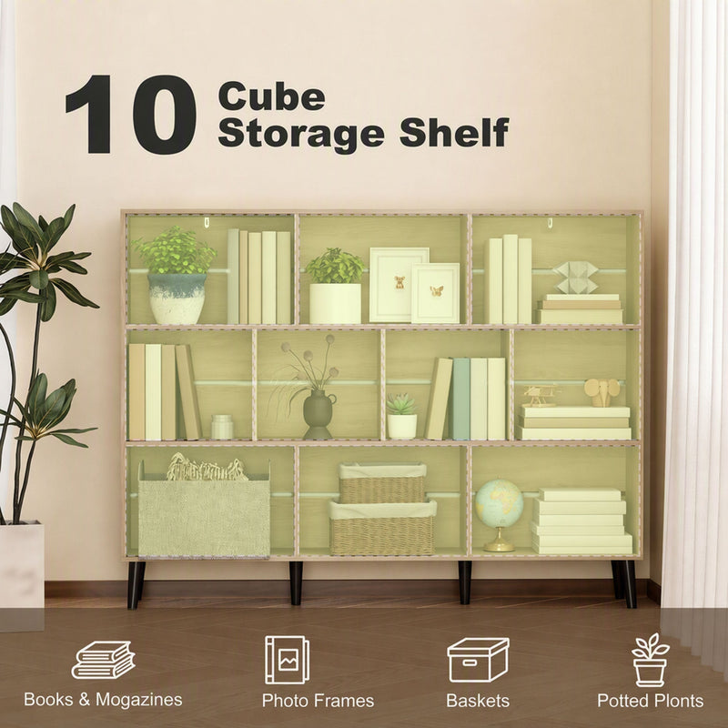 Oak 10-cube storage shelf illustration showing books, photo frames, baskets and plants