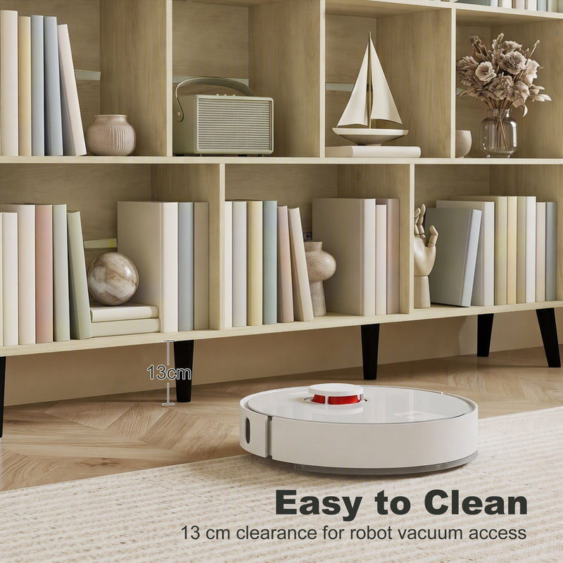 Robot vacuum passing under oak bookcase's 13 cm floor clearance