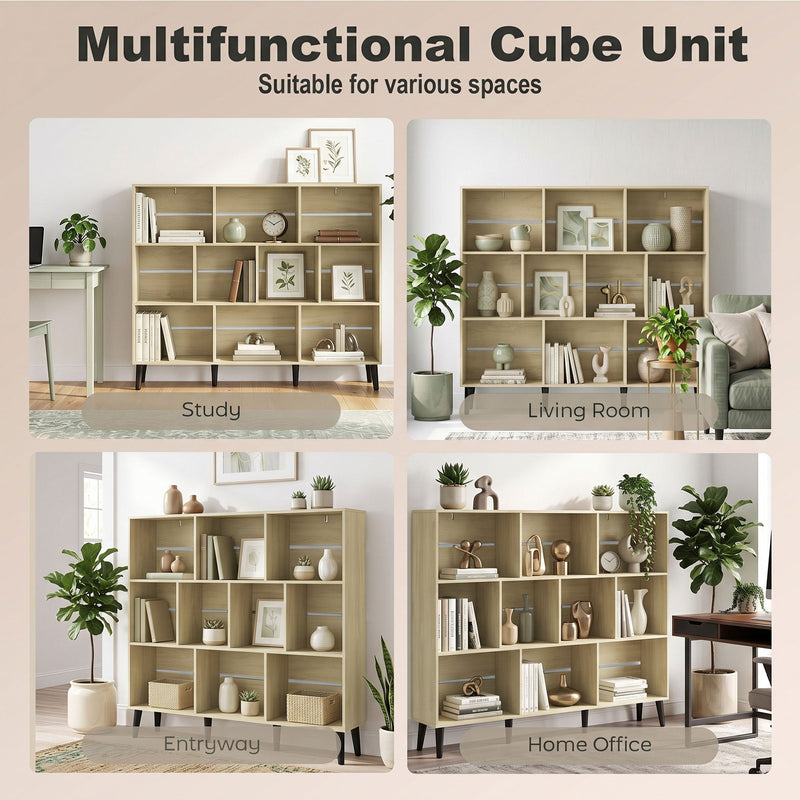 Oak 10-cube bookcase shown in a study, living room, entryway and home office