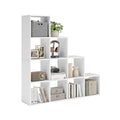 White 10-cube stepped storage bookcase styled with books and decor, studio shot