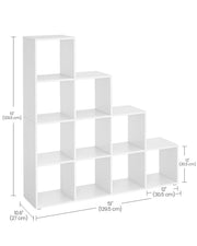 Dimensions diagram: 129.5 x 27 x 129.5 cm white 10-cube bookcase