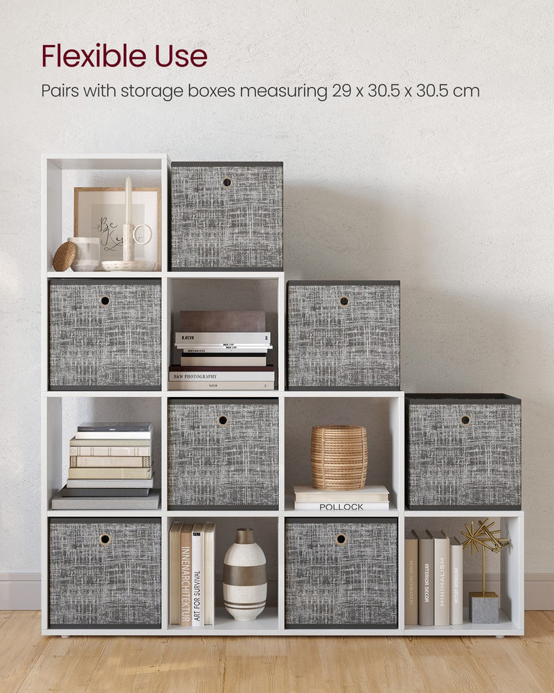 Bookcase styled with optional 29 x 30.5 x 30.5 cm fabric storage bins