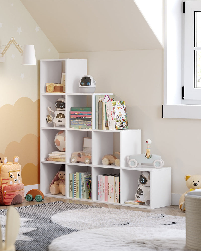 White bookcase in a children's bedroom styled with toys and books