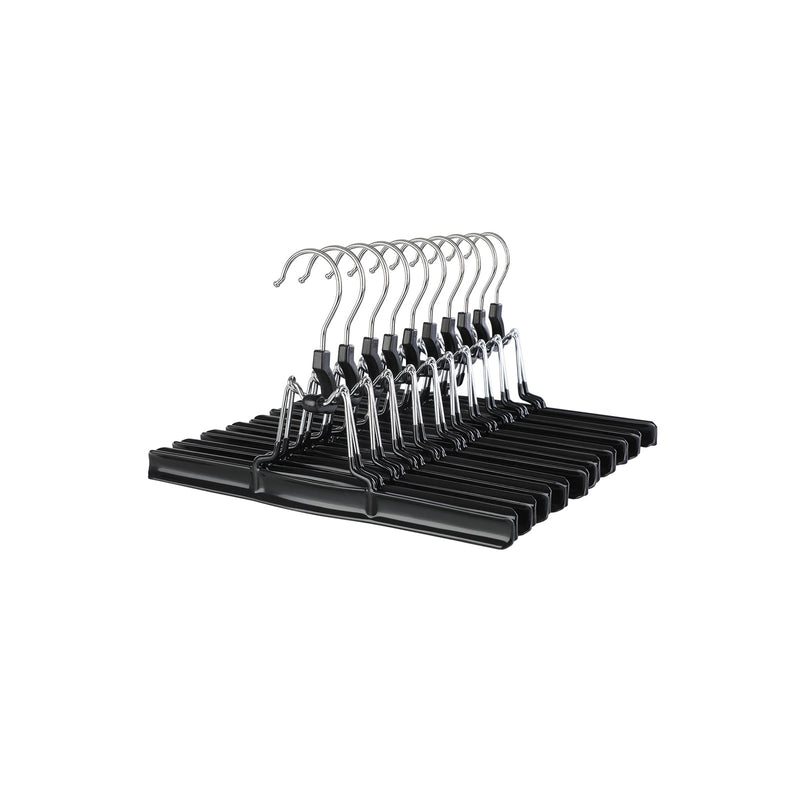 Set of 10 black Songmics clamp bar skirt hangers stacked on a white background