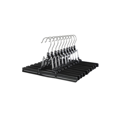 Set of 10 black Songmics clamp bar skirt hangers stacked on a white background