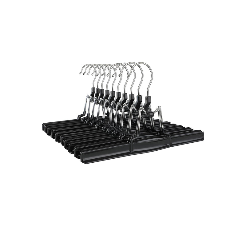 Angled view of the stack of 10 black skirt hangers showing the chrome hooks