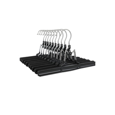 Angled view of the stack of 10 black skirt hangers showing the chrome hooks