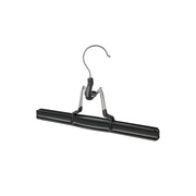 Single black skirt hanger shown front on with its swivel hook and clamp bar