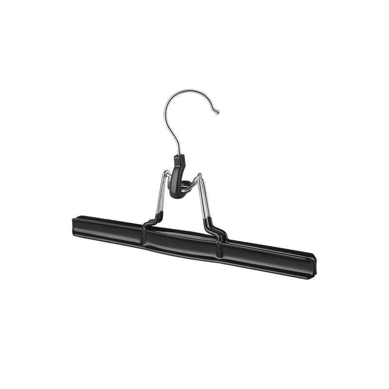 Single black skirt hanger shown front on with its swivel hook and clamp bar