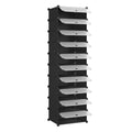 Black 10 slot modular plastic shoe rack built as one tall column with white translucent doors