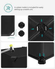 Assembly detail showing the plastic connectors and the included rubber mallet tapping a panel home