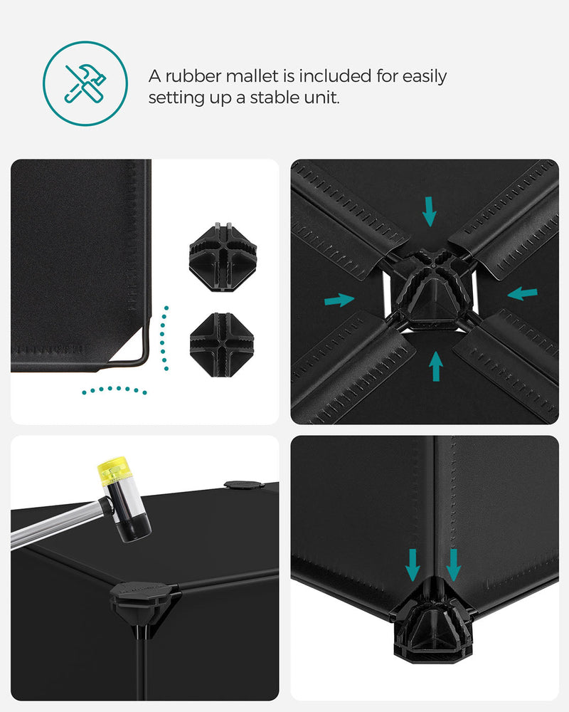 Assembly detail showing the plastic connectors and the included rubber mallet tapping a panel home