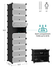 Dimension diagram of the 10 slot shoe rack column with slot interior sizes and a 10 kg load per slot