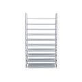 Grey 10-tier metal shoe rack shown from the front on a plain background