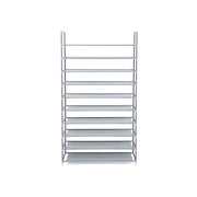 Grey 10-tier metal shoe rack shown from the front on a plain background