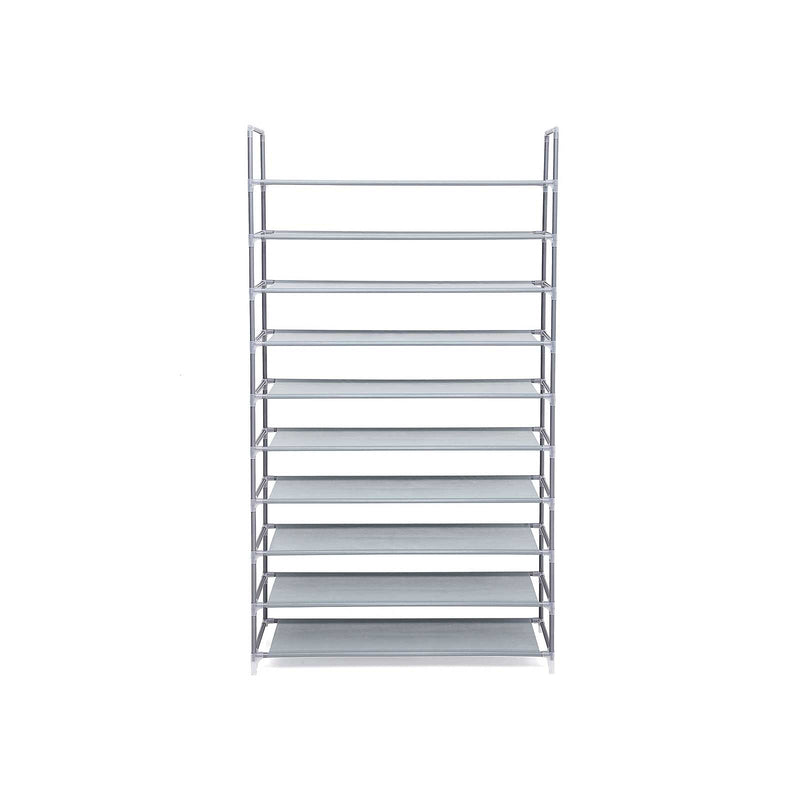 Grey 10-tier metal shoe rack shown from the front on a plain background