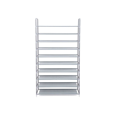 Grey 10-tier metal shoe rack shown from the front on a plain background