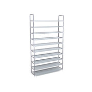 Grey 10-tier metal shoe rack shown at an angle on a plain background