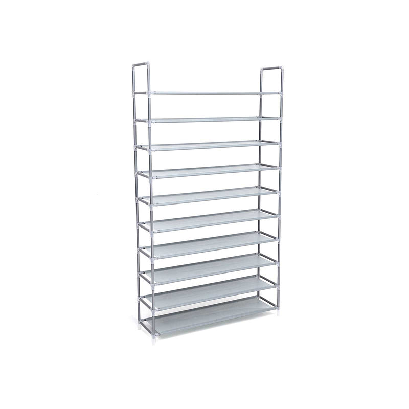 Grey 10-tier metal shoe rack shown at an angle on a plain background