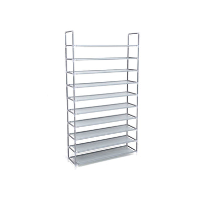 Grey 10-tier metal shoe rack shown at an angle on a plain background