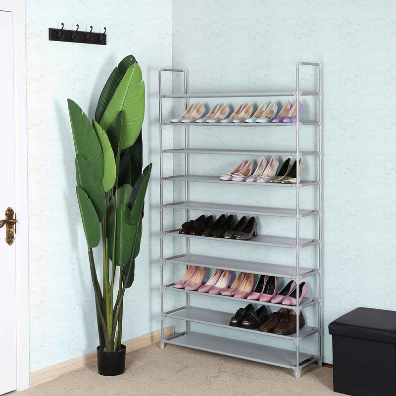 Shoe rack holding several pairs of shoes in a hallway corner