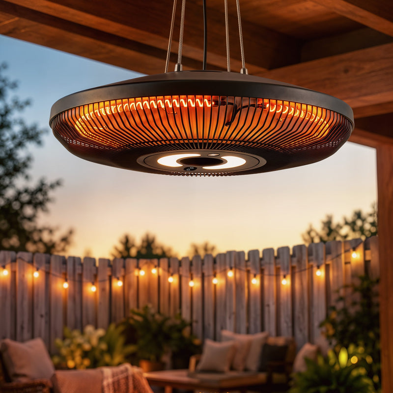 Heater hanging from a pergola beam glowing at sunset with string lights behind