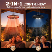 Split view showing the heater in heat mode and in LED light mode