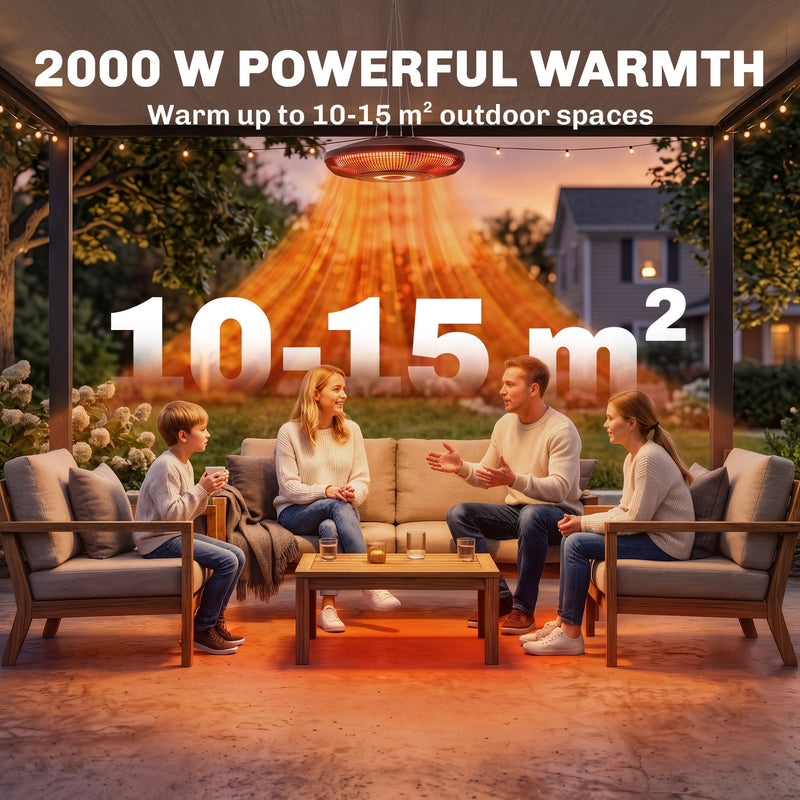 Family seated on a covered patio under the heater showing 2000W coverage of 10-15 sqm