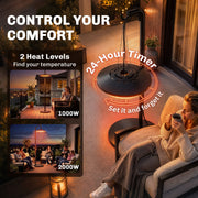 Feature graphic showing the 1000W and 2000W heat level options and 24-hour timer