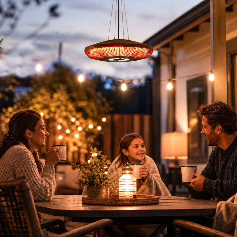 Family gathered at an outdoor dining table under the glowing hanging heater at dusk