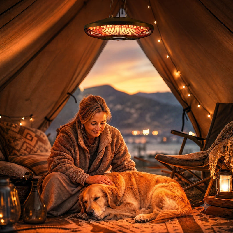 Heater hanging inside a canvas bell tent warming a woman and her dog at dusk
