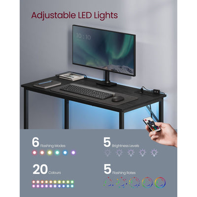 Vasagle 100cm Black Computer Desk With LED Lights and Power Strip For Home Office