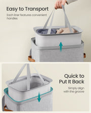 Laundry basket lid open showing the PU tab handle