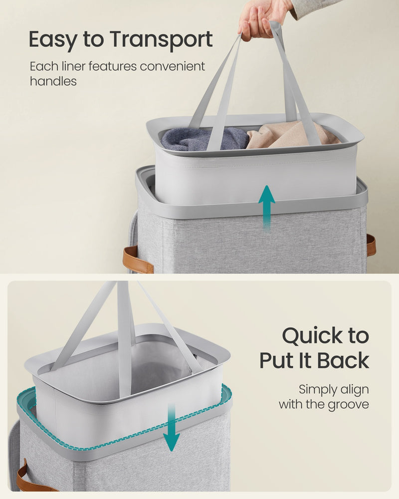 Laundry basket lid open showing the PU tab handle