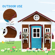 Dark Brown Wooden Kids Playhouse With Doors Windows and Plant Pots For Ages 3 to 8