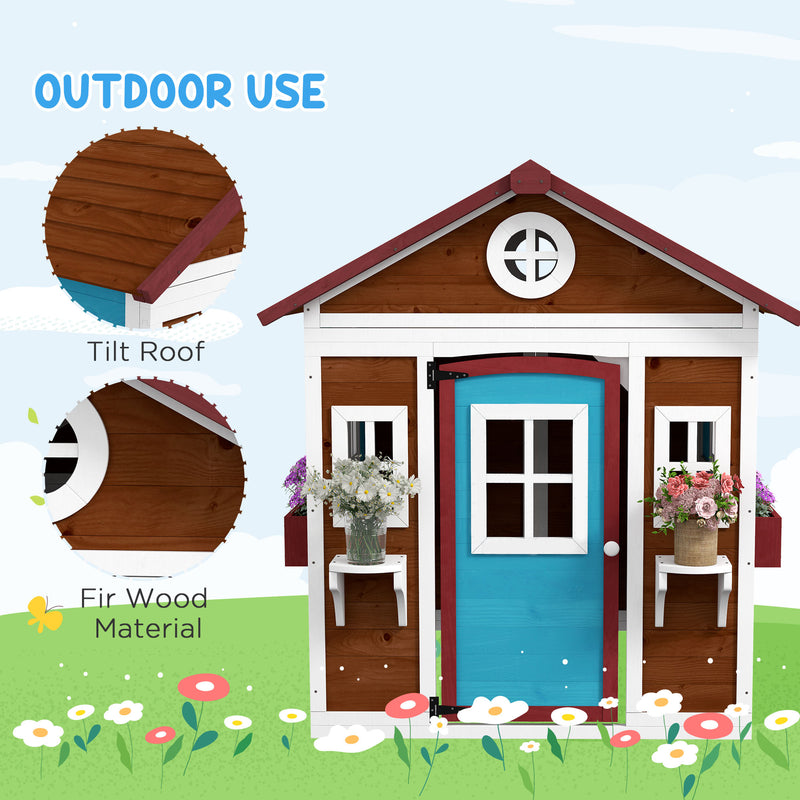Dark Brown Wooden Kids Playhouse With Doors Windows and Plant Pots For Ages 3 to 8