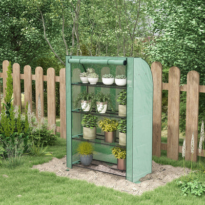 4 Tier Mini Greenhouse with Roll Up Door and Shelves for Indoor Outdoor Use Green
