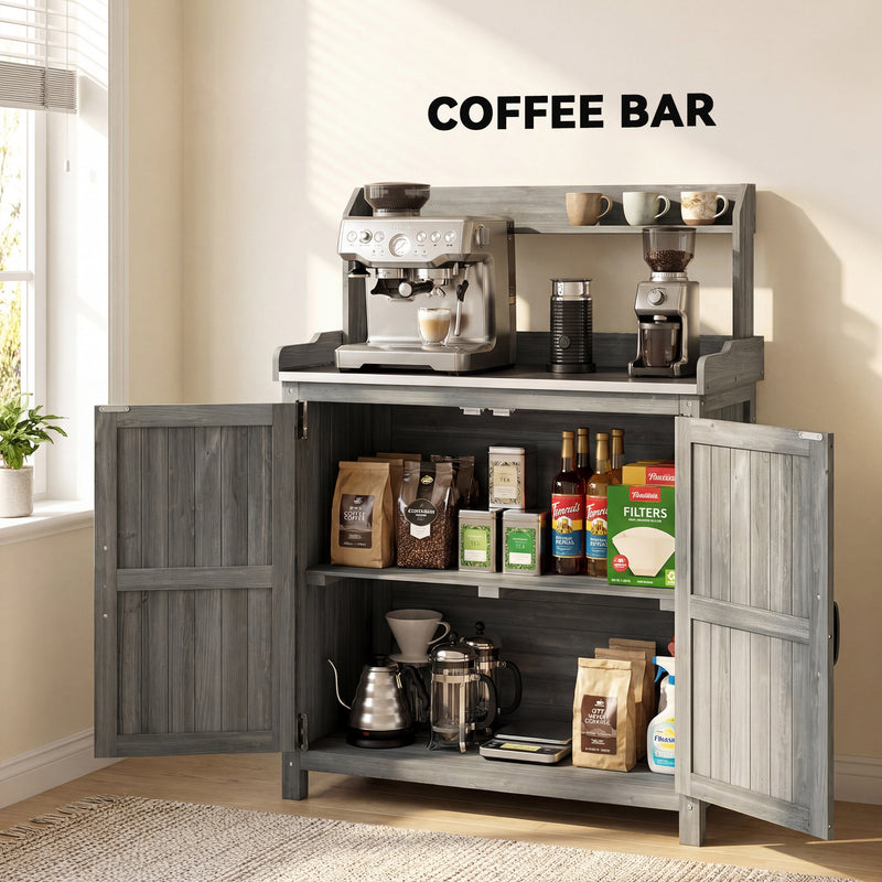 Grey Wooden Garden Potting Bench with Metal Worktop and Storage Cupboard for Outdoor Organisation