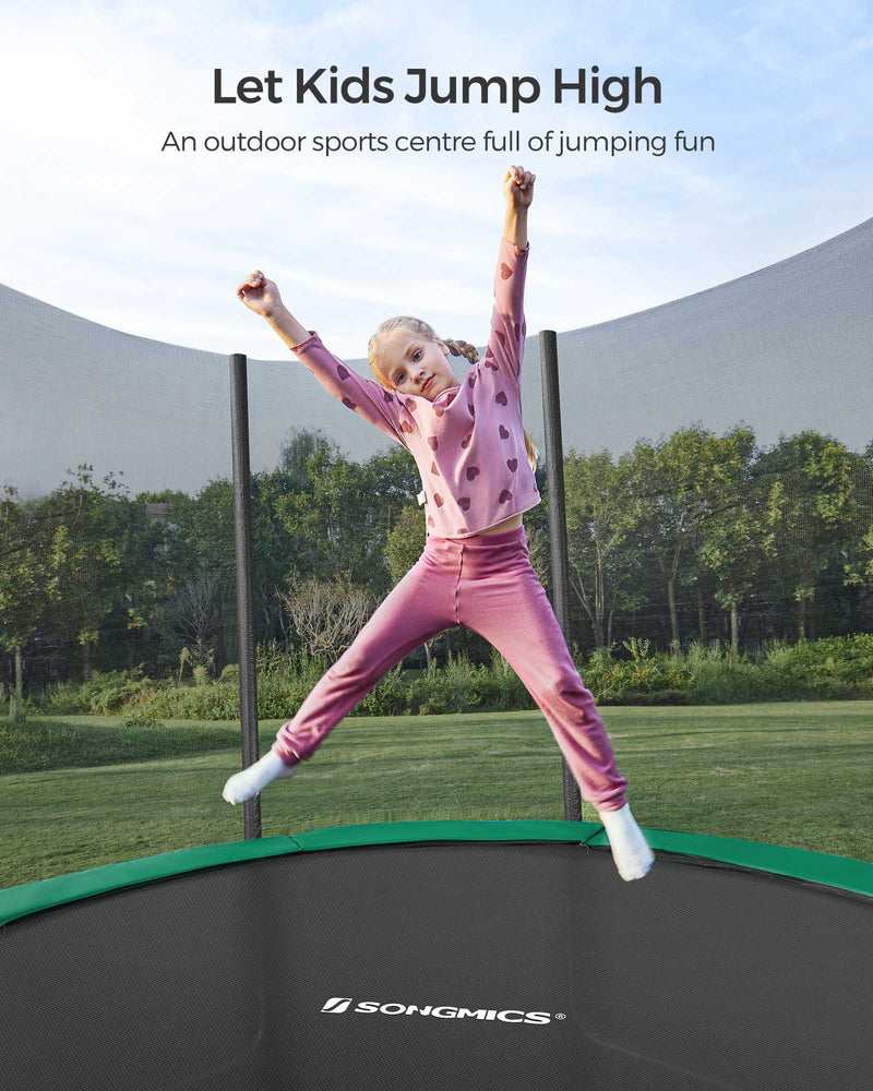 10ft SONGMICS garden trampoline, angled view showing steel frame and mesh netting