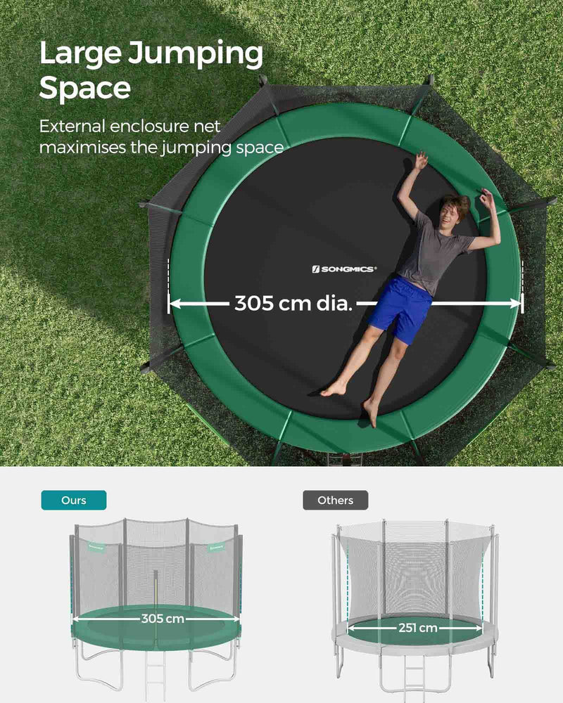 10ft SONGMICS garden trampoline with zip-up enclosure and ladder