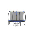 Front view of the 10ft round garden trampoline in blue with safety enclosure net