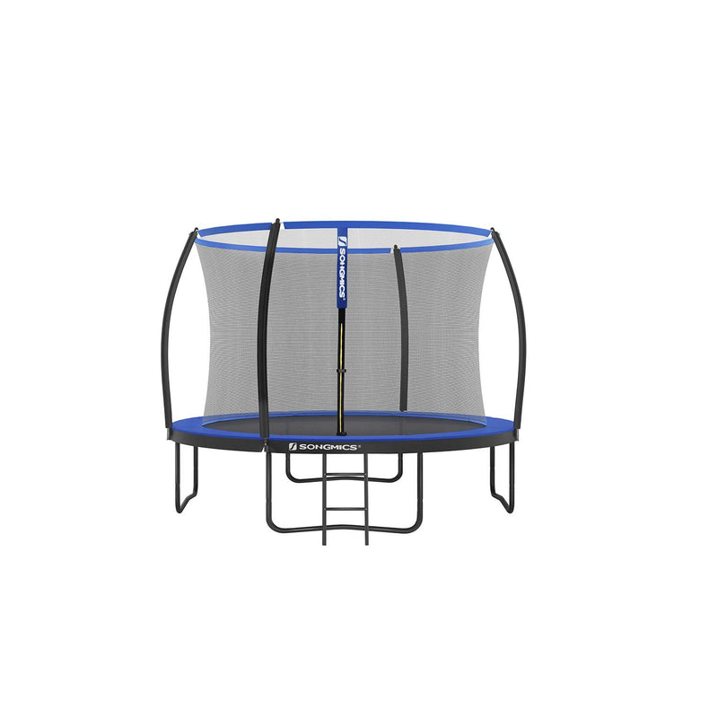 Front view of the 10ft round garden trampoline in blue with safety enclosure net
